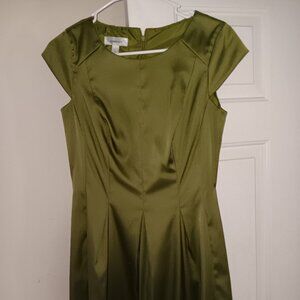 Olive Green sleeveless round neck dress, satin sheen